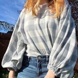 Handmade blue gingham blouse, fits size XS-S, one-of-a-kind, upcycled